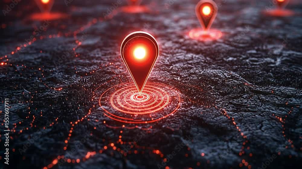 Poster glowing location pin on dark surface: a vibrant, glowing location pin emits a radiant light, standin
