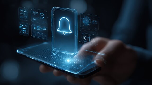 A futuristic interface with a person holding a smartphone, a large bell notification icon on a transparent virtual screen, surrounded by glowing announcement widgets