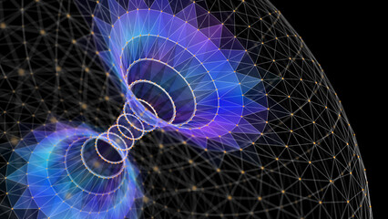 3D grid geometric color shape in dark cyberspace. Torus consisting of poligonales. Digital concept scientific, technology and computing.