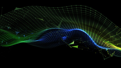 Abstract technology background with wavy color grid in dark cyberspace. Big Data. Analytics data algorithms. Computing concept. Banner for business, science and technology.