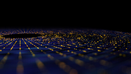 Abstract digital radial form data dots in 3d virtual cyberspace. Big Data. Futuristic concept crypto currency blockchain defocus.