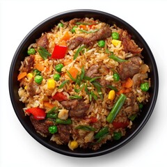 fried rice with vegetables and meat isolated on white background. top view