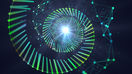 Abstract grid helix from color polygons in dark cyberspace. Futuristic color grid digital portal with particles and spot star.
