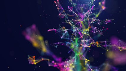Abstract grid futuristic data tree from multicolor polygons in dark blue cyberspace. 3d rendering. Rotating wireframe shape connecting dots. Big Data.