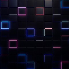 3D dark background with a seamless wallpaper-style design, filled with evenly spaced square shapes. Each square has glowing neon-colored borders