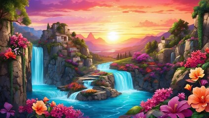 Sunset Glows Behind Waterfall and Flowers
