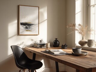 A black chair is sitting in front of a wooden desk. A framed painting is on the wall above the desk. A vase is on the desk, and a bowl is on the desk as well. There are several books on the desk