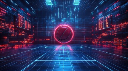 Neon glowing 3D basketball user interface with futuristic sports visualization and digital scoreboard concept