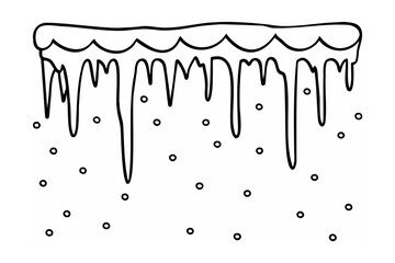 Icicles hanging from snow covered ledge with falling snowflakes