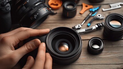 Close-up of hands removing lens filter from camera on wooden table with tools nearby.