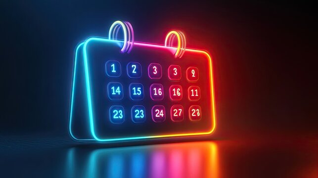 Neon gradient calendar icon with glowing colors, digital 3D interface for time and event scheduling