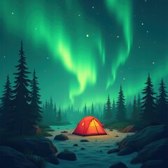 A glowing tent and campfire rest beside a calm lake, surrounded by pine trees and mountains, under a brilliant green aurora dancing across a clear night sky. Generative, AI,