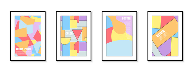 Collection of bright colorful funky abstract posters with geometric shapes. Modern art covers, backgrounds, placards, brochures, banners, flyers, presentation template for your design