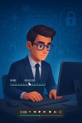 Professional Man Working at Computer in Video Editing Environment, Futuristic Digital Workspace with Blue Tech Elements