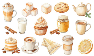 Watercolor Vector Set of Coffee, Tea, Desserts, and Sweets with Cakes, Cupcakes, and Ingredients