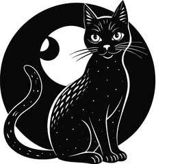 Cute Witch Cat with Pumpkin Under Moonlight Halloween Cartoon Vector Scene.