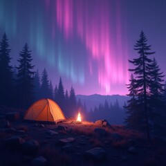 A glowing tent and crackling campfire rest under a forest of pines, illuminated by vivid pink and purple aurora lights streaking across a tranquil night sky. Generative, AI,