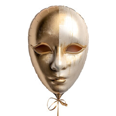 A golden balloon shaped like a carnival mask, isolated on a white background 