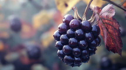 Closeup of a Ripe Blackberry with Dew Drops on a Branch
