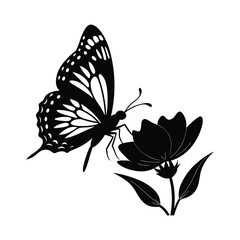 Elegant butterfly landing on a flower side view silhouette for floral designs and nature themes