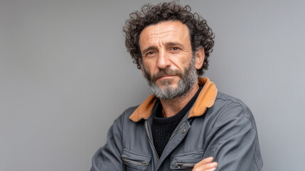 confident mechanic portrait on left side of frame with clean light gray background