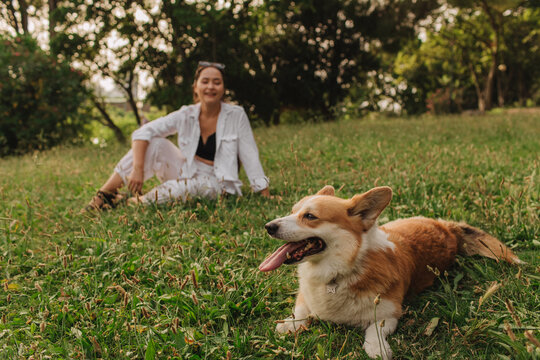 Close-up of a woman with Welsh Corgi in a park on a hot sunny day. The dog looks tired from the heat. Concept of summer walk, pet care, and companionship. Soft focus. Part of a series