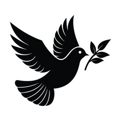 Elegant single white dove in flight gracefully holding a green branch symbolizing peace and hope presented as a clean silhouette