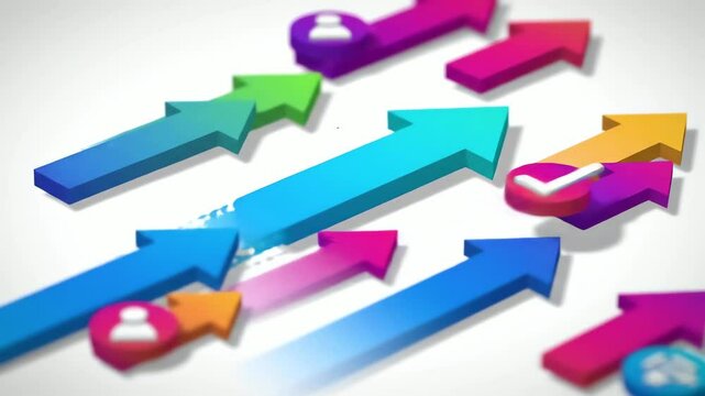 Upwardpointing arrows in various colors are scattered on a white background