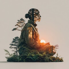 Serene Woman Meditating in Nature with Sunset and Forest Elements