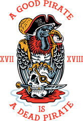 tattoo of a vulture wearing a pirate hat sitting on the skull of a one-eyed pirate