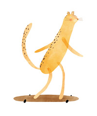 Cute Cheetah Riding A Skateboard. Childish Drawing-like Vector Illustration Of Happy Leopard Skateboarding. Yellow Wild Cat On A White Background. Kids Room Decoration.