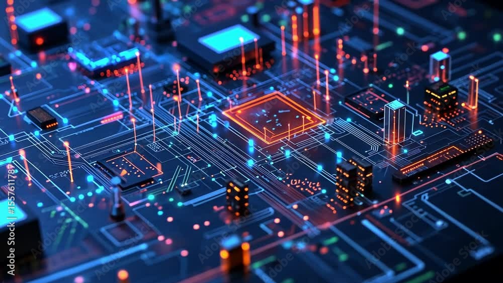 Poster Circuit Board Microcosm: A detailed close-up of a vibrant circuit board, showcasing intricate pathways, glowing components, and complex technological architecture.
