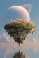 A serene floating island adorned with vibrant flowers against a cosmic backdrop.