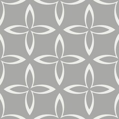 A repeating pattern of flower-like shapes is set against a gray background, creating a harmonious geometric design. The white shapes form interconnected loops, contributing to a calming visual effect.