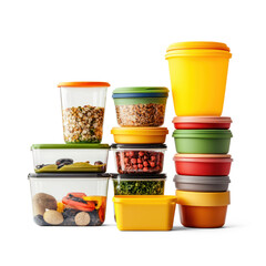 A set of reusable food containers, symbolizing sustainable kitchen practices. full length isolate on transparent background