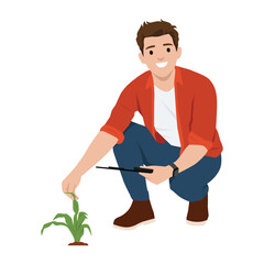 Gardener crouches beside a small plant, carefully inspecting its growth with a stick in hand. Flat vector illustration isolated on white background