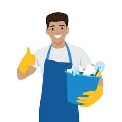 Cleaner in gloves and an apron holds a bucket of cleaning supplies while giving a thumbs up. Flat vector illustration isolated on white background