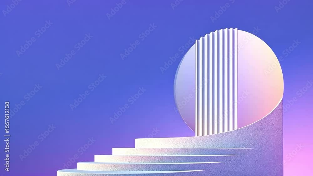 Poster Abstract Stage with Circular Arch: A modern, minimalist 3D rendering of a white, curved staircase leading to a circular platform with vertical lines, set against a gradient purple background.