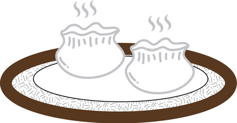 A simple illustration showing two steaming white shaomai on a plate 