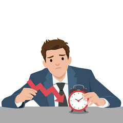 Worried businessman in a suit looks at the clock while holding a downward arrow. Flat vector illustration isolated on white background