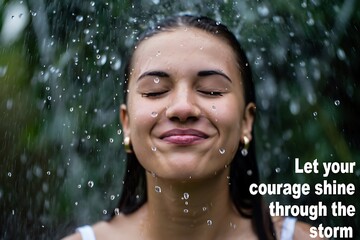 Obraz premium Woman smiling in the rain feeling positive and refreshed during a summer shower for mental health