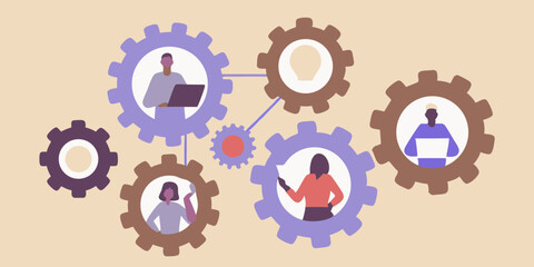 Diverse team of professionals working together like gears in a machine