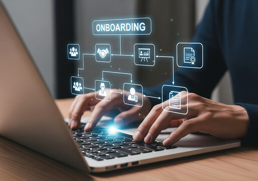 Hands Typing on Laptop with "On boarding" Process Flow and Digital Icons, Illustrating New Employee Integration
