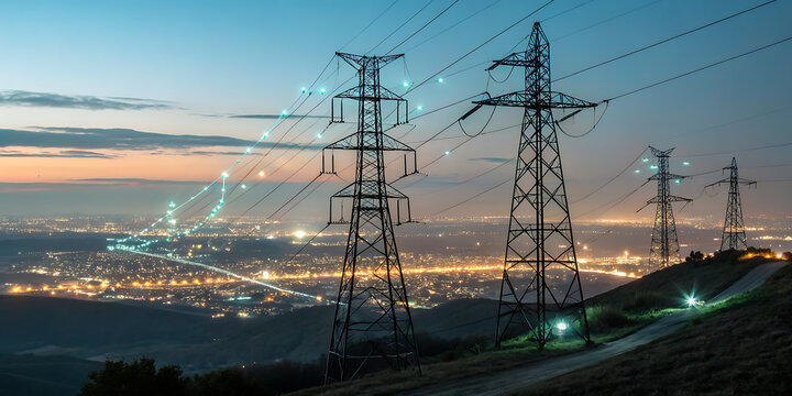 High voltage power lines stretch across the landscape, illuminating a distant city at night, creating a dramatic contrast between urban and rural environments