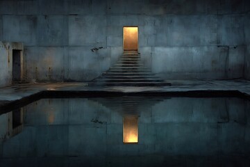 Stone staircase leading to an illuminated doorway reflects in the still water below a concrete wall, creating a mysterious and evocative scene