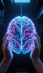 Futuristic Neon Brain in Hands – Concept of Artificial Intelligence and Human Connection
