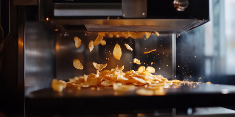 Crispy potato chips falling from air fryer, showcasing delicious and golden texture, creating appetizing scene of snack preparation