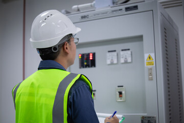 Electrician engineer in safety helmet and vest performs control panel inspection with focus and...