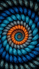 Obraz premium Intricate spiral pattern of braided yarn in shades of blue orange and gray