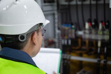 Electrician engineer wearing white helmet and safety glasses performs control panel inspection...